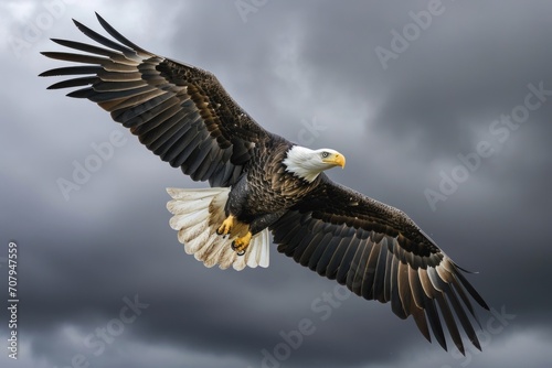 A majestic bald eagle soaring through the clouds. Perfect for nature and wildlife enthusiasts