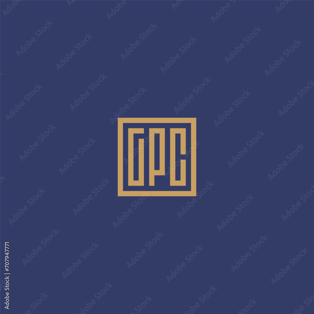 GPC monogram logo inside square frame with gold color. GPC monogram logo inside square frame with gold color.