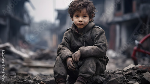 Poverty and poorness on the child's face. Refugee kid. City destroyed by bombs or earthquake
