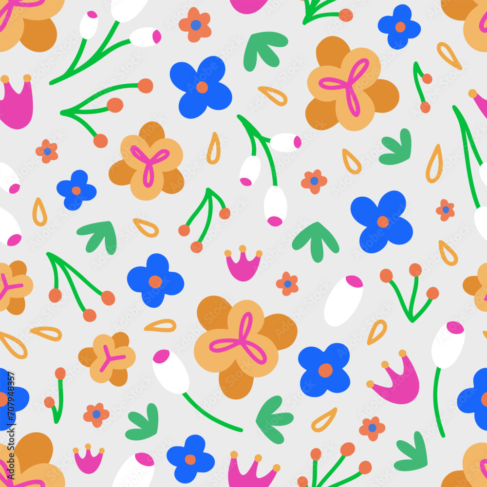 Floral seamless pattern. Hand drawn beautiful flowers. Colorful repeating background with blossom. Design for wallpaper, textiles, wrapping paper, cover notebook, header. Vector illustration
