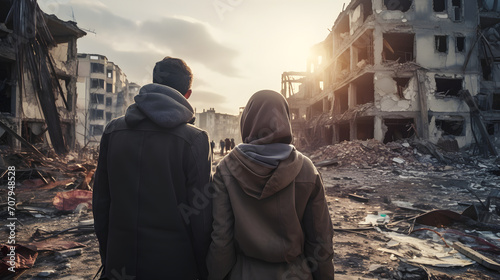 Refugees looking at damaged homes. Homeless people in front of destroyed home buildings because of earthquake or war missile strike. Refugees, war and economy crisis photo