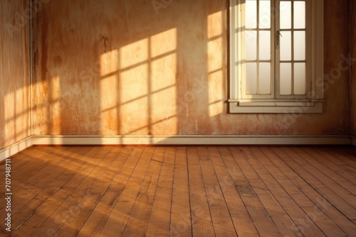 Light rust wall and wooden parquet floor, sunrays and shadows from window 
