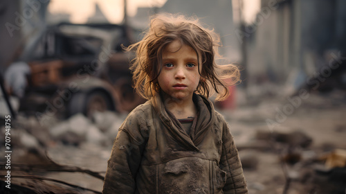 Sad little girl kid Refugee kid standing in a destructed city by bombs or earthquake