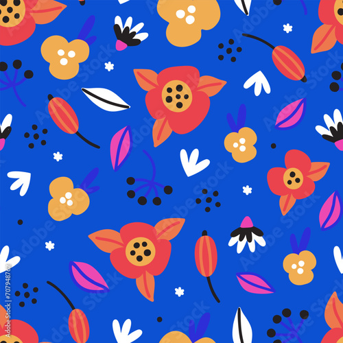 Floral seamless pattern. Hand drawn beautiful flowers. Colorful repeating blue background with blossom. Design for wallpaper, textiles, wrapping paper, cover notebook, header. Vector illustration
