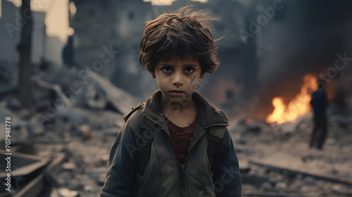Sad little Refugee boy kid in a destructed city by bombs or earthquake