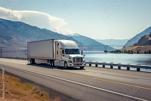 Highway fast moving cargo truck racing across interstate under summer sun capturing dynamic energy and speed of modern transportation and logistics