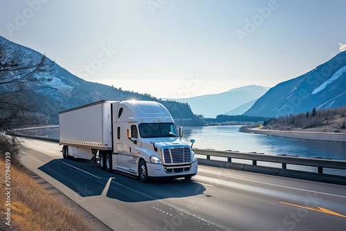 Highway fast moving cargo truck racing across interstate under summer sun capturing dynamic energy and speed of modern transportation and logistics