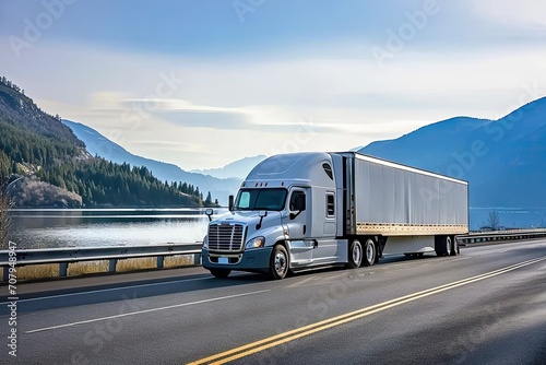 Highway fast moving cargo truck racing across interstate under summer sun capturing dynamic energy and speed of modern transportation and logistics