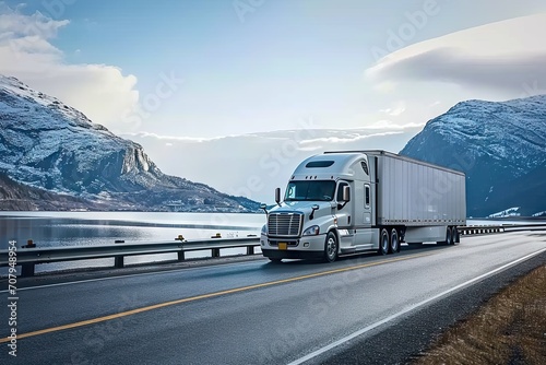 Highway fast moving cargo truck racing across interstate under summer sun capturing dynamic energy and speed of modern transportation and logistics photo