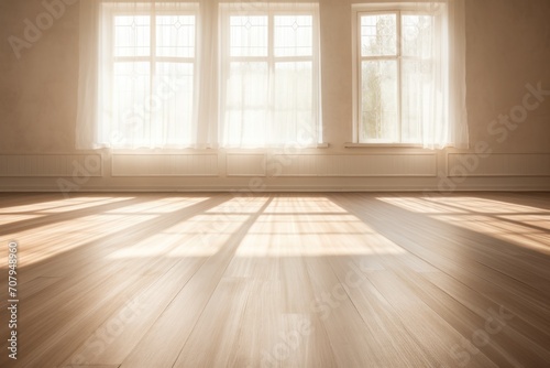 Light silver wall and wooden parquet floor  sunrays and shadows from window