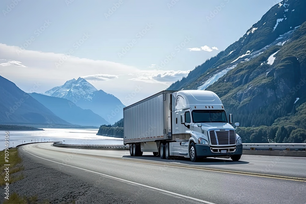 Highway fast moving cargo truck racing across interstate under summer sun capturing dynamic energy and speed of modern transportation and logistics Highway fast moving cargo truck racing across interstate under summer sun capturing dynamic energy and speed of modern transportation and logistics