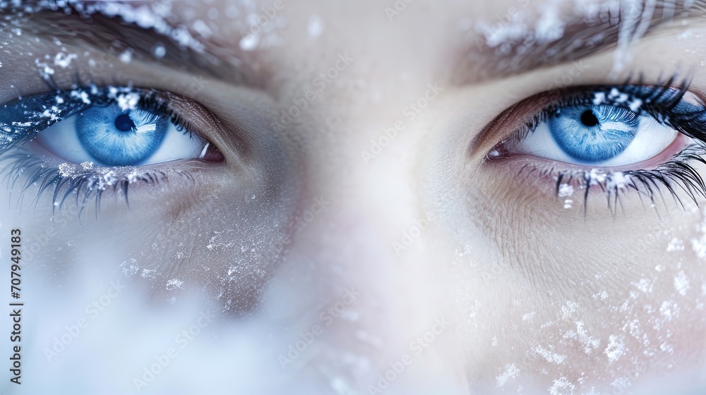 Close up of beautiful womans blue eyes with snow effect, ai generative