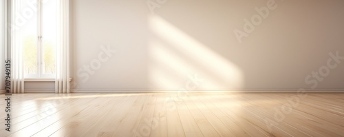 Light silver wall and wooden parquet floor, sunrays and shadows from window