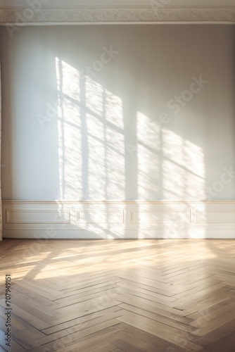 Light silver wall and wooden parquet floor  sunrays and shadows from window