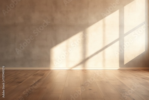 Light slate wall and wooden parquet floor, sunrays and shadows from window