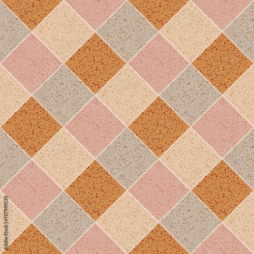 Checkered seamless pattern. Abstract geometric decign. Stone textured dotted mosaic of yellow, brown, pink, gray squares
