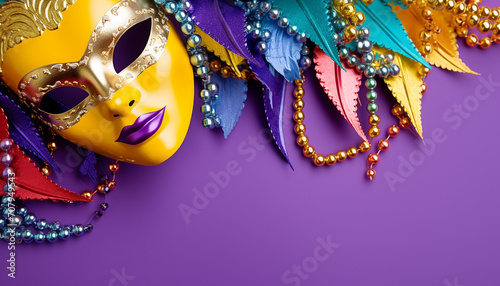 Mardi Gras celebration, costume, mask, feather, purple, gold generated by AI