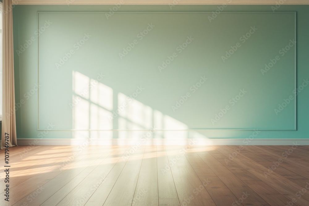 Light turquoise wall and wooden parquet floor, sunrays and shadows from window - obrazy, fototapety, plakaty 