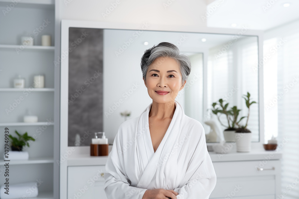 Portrait of Middle aged mature asian woman, senior older 50s lady with clear skin, grey hair in bathrobe in modern bathroom. Lifting anti wrinkle skin hair care spa cosmetics. Age skin care treatment