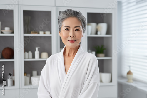 Portrait of Middle aged mature asian woman, senior older 50s lady with clear skin, grey hair in bathrobe in modern bathroom. Lifting anti wrinkle skin hair care spa cosmetics. Age skin care treatment
