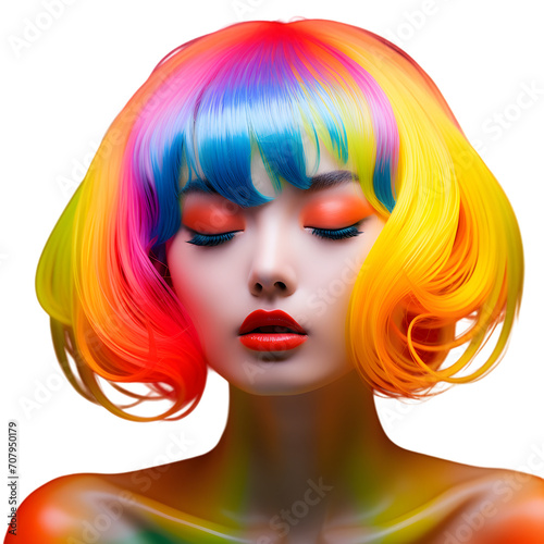 Portrait of an attractive woman with bright color hair isolated on transparent background