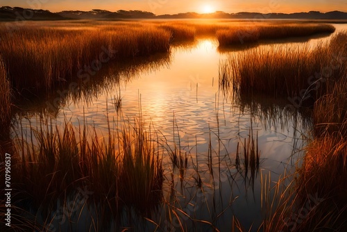 A tranquil coastal marsh in the littoral zone at sunset, with a warm glow on the water and reeds.
