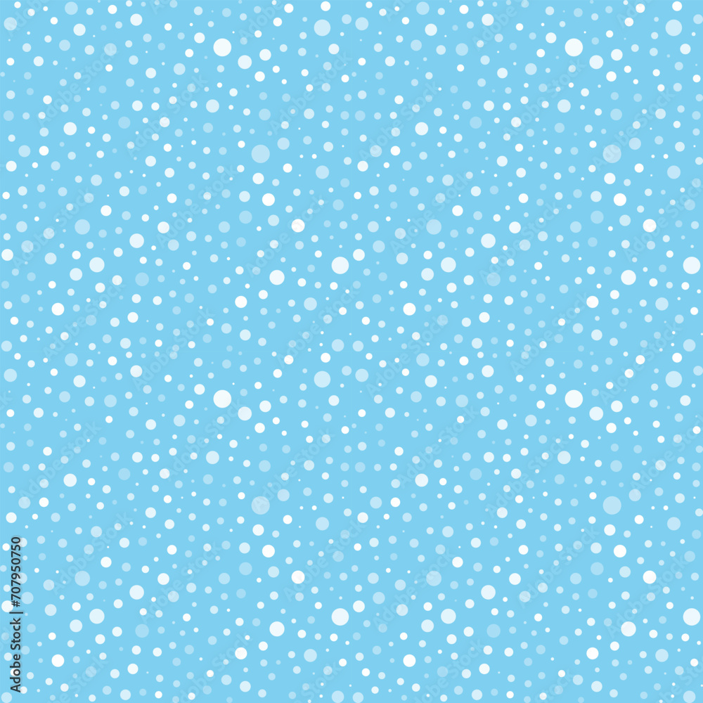 Snow, winter seamless pattern. Small white dots and circles on light blue background. Simple backdrop for seasonal design
