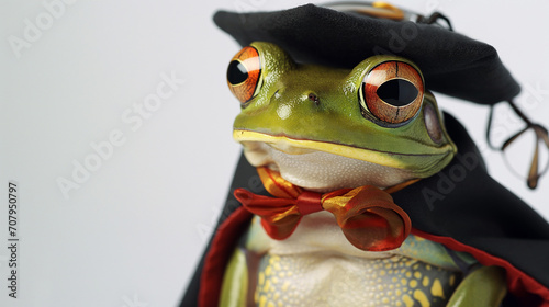 Portrait of frog wearing a graduation cap.
