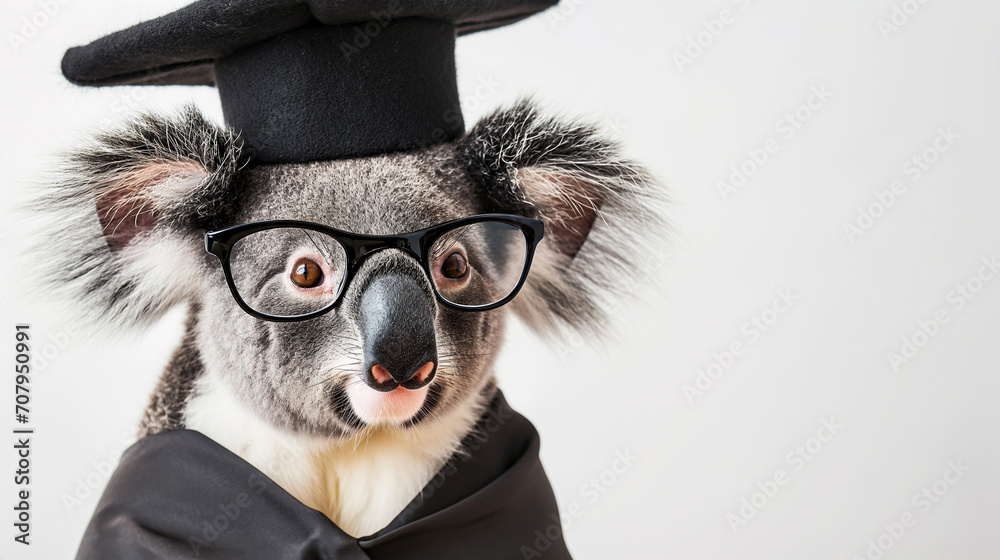 Portrait of koala wearing a graduation cap and glasses.