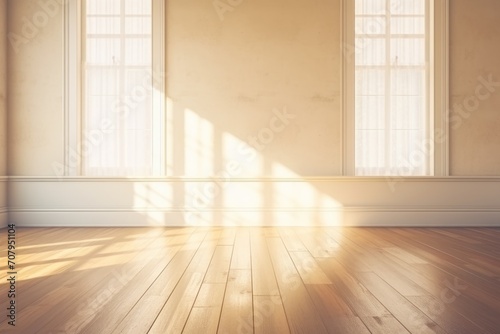 Light wheat wall and wooden parquet floor  sunrays and shadows from window