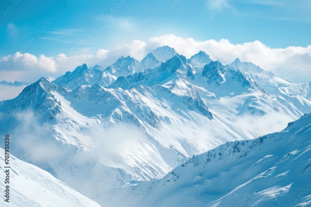 A stunning image of a snow-covered mountain range with a person snowboarding. Perfect for winter sports enthusiasts and adventure seekers