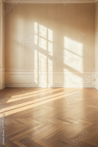 Light zaffre wall and wooden parquet floor, sunrays and shadows from window