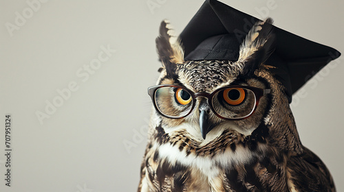 Portrait of owl wearing a graduation cap and glasses. photo