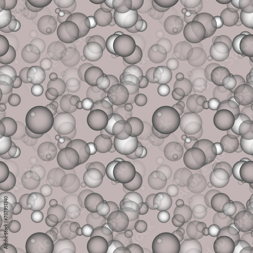 Abstract geometric seamless pattern of gray and white transparent spheres, particles, 3d atomic structure