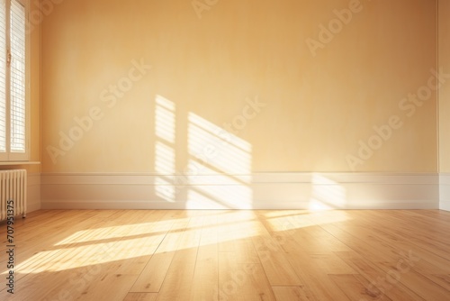 Light yellow wall and wooden parquet floor, sunrays and shadows from window