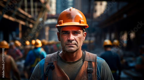 An experienced worker with stern expression, wearing a hard hat and protective vest, stands on a noisy construction site, the harsh reality of labor. Precautions. Construction of buildings, structures