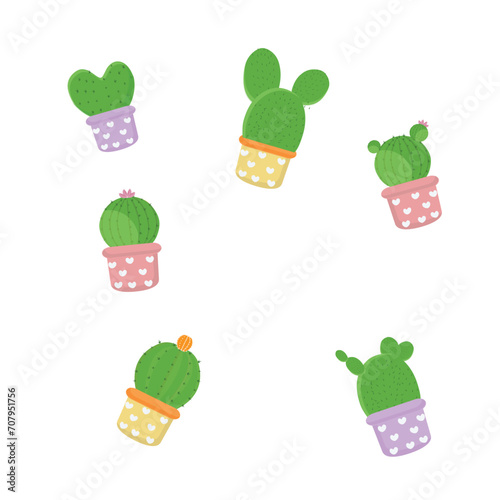 Cactus icons in a flat style on a white background. Home plants cactus in pots and with flowers. A variety of decorative cactus with prickles and without