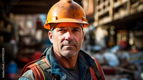 An experienced worker with stern expression, wearing a hard hat and protective vest, stands on a noisy construction site, the harsh reality of labor. Precautions. Construction of buildings, structures