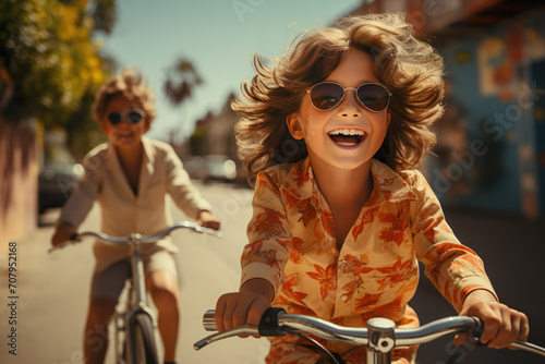 Two school kid boys riding with bike in the city. Happy laughing children wearing sunglasses in colorful shirts biking on bicycles on way to school. Safe way for kids outdoors to school.  © Maxim Chuev
