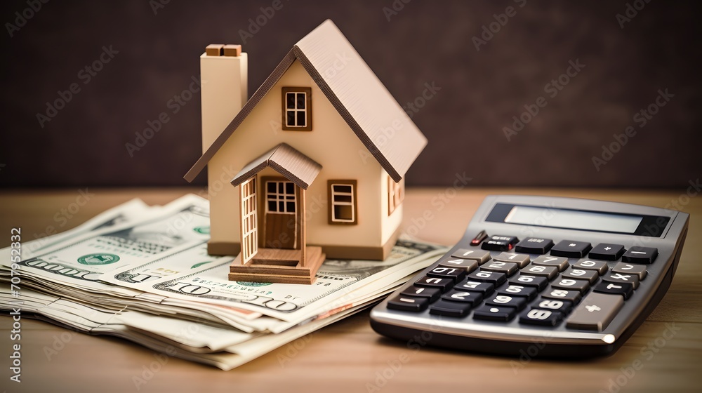 Model of cardboard house with key, calculator, notebook, pen and cash dollars. House building, loan, real estate. Cost of public utilities, insurance, rent or buying a new home concept Model of cardboard house with key, calculator, notebook, pen and cash dollars. House building, loan, real estate. Cost of public utilities, insurance, rent or buying a new home concept