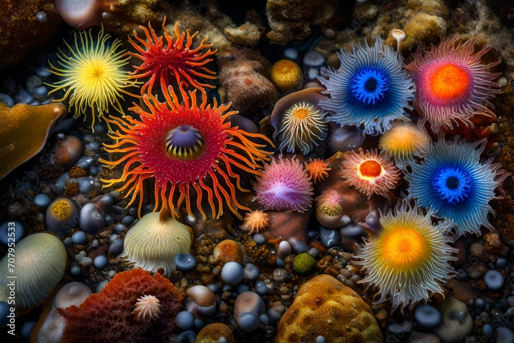 A close-up of colorful sea anemones and tide pool life in the littoral zone during low tide.