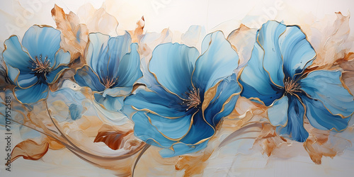 Fototapeta Naklejka Na Ścianę i Meble -  Abstract oil painting Blue petals, flowers with gold lines, palette knife.