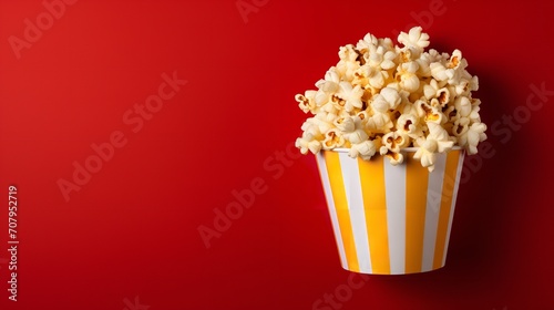 Popcorn in a striped box with a red backdrop and empty space, top view, flavors, Generative AI.
