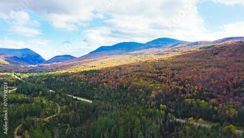 Aerial panning of US route 302 leading to Crawford Notch State park between Mount Webster and Willard. Mt Jackson (left), Willey, Field and Tom (right) are visible in the back. photo
