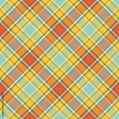 Yellow, orange, gray checkered tartan plaid design. Abstract geometric seamless pattern. Traditional textile background