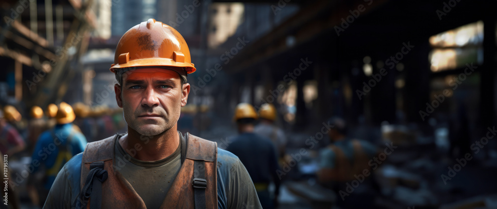 An experienced worker with stern expression, wearing hard hat, protective vest, stands on noisy construction site, harsh reality of labor. Precautions. Construction of buildings. Banner. Copy space An experienced worker with stern expression, wearing hard hat, protective vest, stands on noisy construction site, harsh reality of labor. Precautions. Construction of buildings. Banner. Copy space