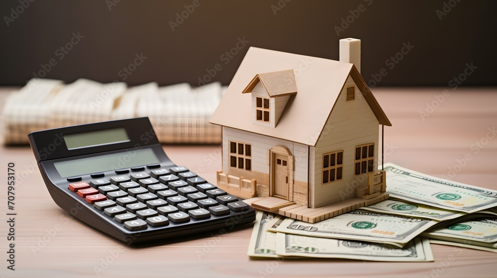 Model of cardboard house with key, calculator, notebook, pen and cash dollars. House building, loan, real estate. Cost of public utilities, insurance, rent or buying a new home concept Model of cardboard house with key, calculator, notebook, pen and cash dollars. House building, loan, real estate. Cost of public utilities, insurance, rent or buying a new home concept