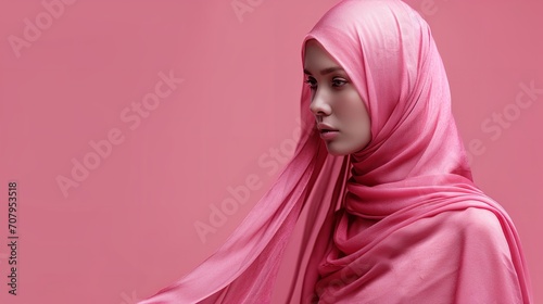 Portrait of an young Muslim woman in burka against a pink clean backdrop, Generative AI. photo