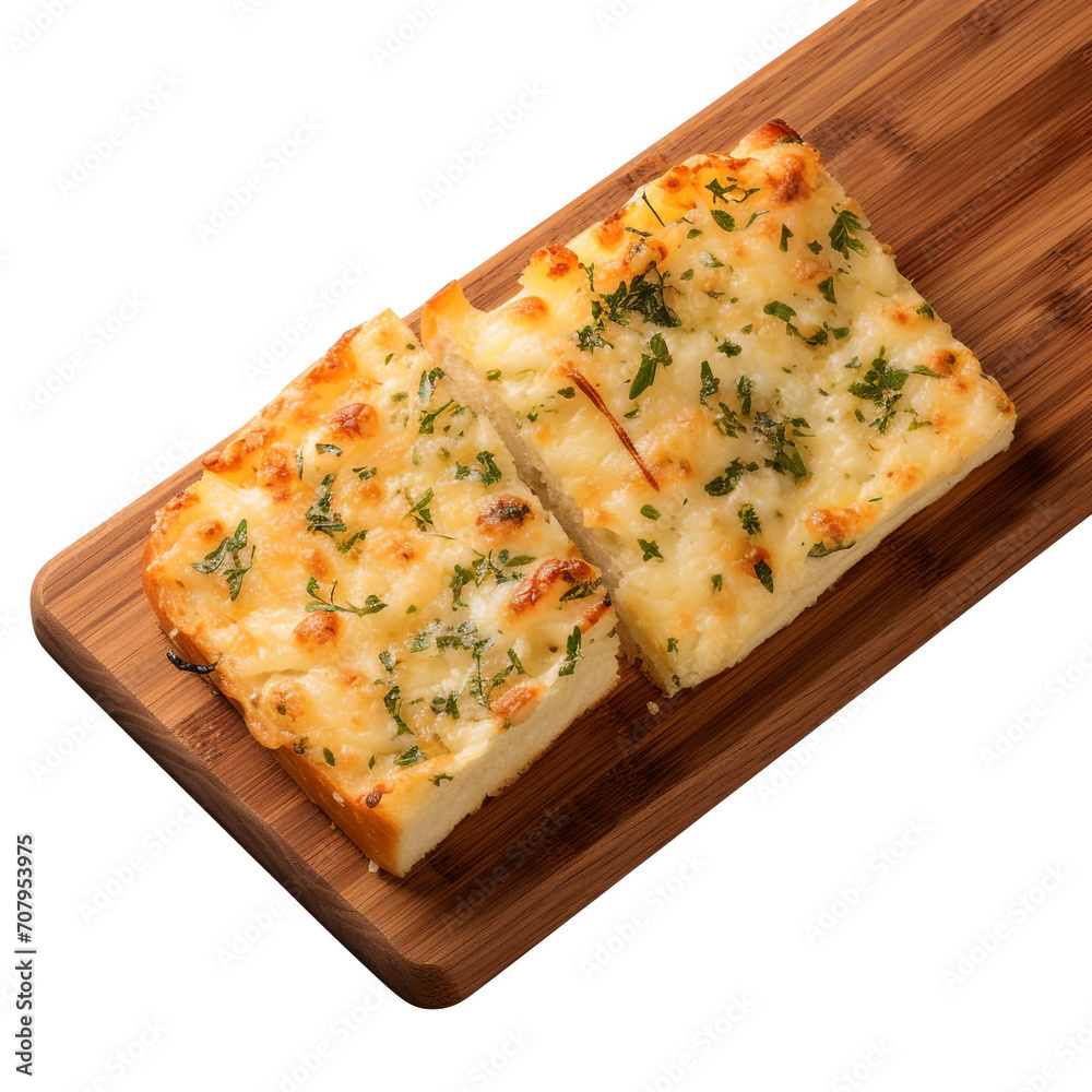 top view photography of garlic bread on wooden board isolated on a transparent background created with Generative Ai top view photography of garlic bread on wooden board isolated on a transparent background created with Generative Ai