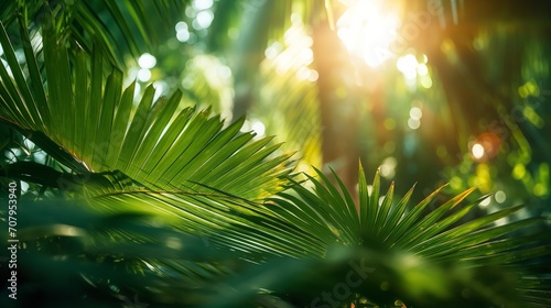 Radiant sunlight on a picture-perfect backdrop of tropical greenery and verdant palm gardens, Generative AI. © Our Scrapbook
